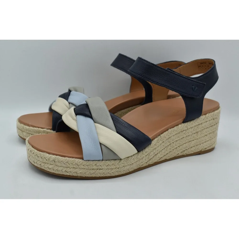 Vionic Women Size 11 Saratoga Navy Multi Leather Wedge Espadrille Sandals Shoes